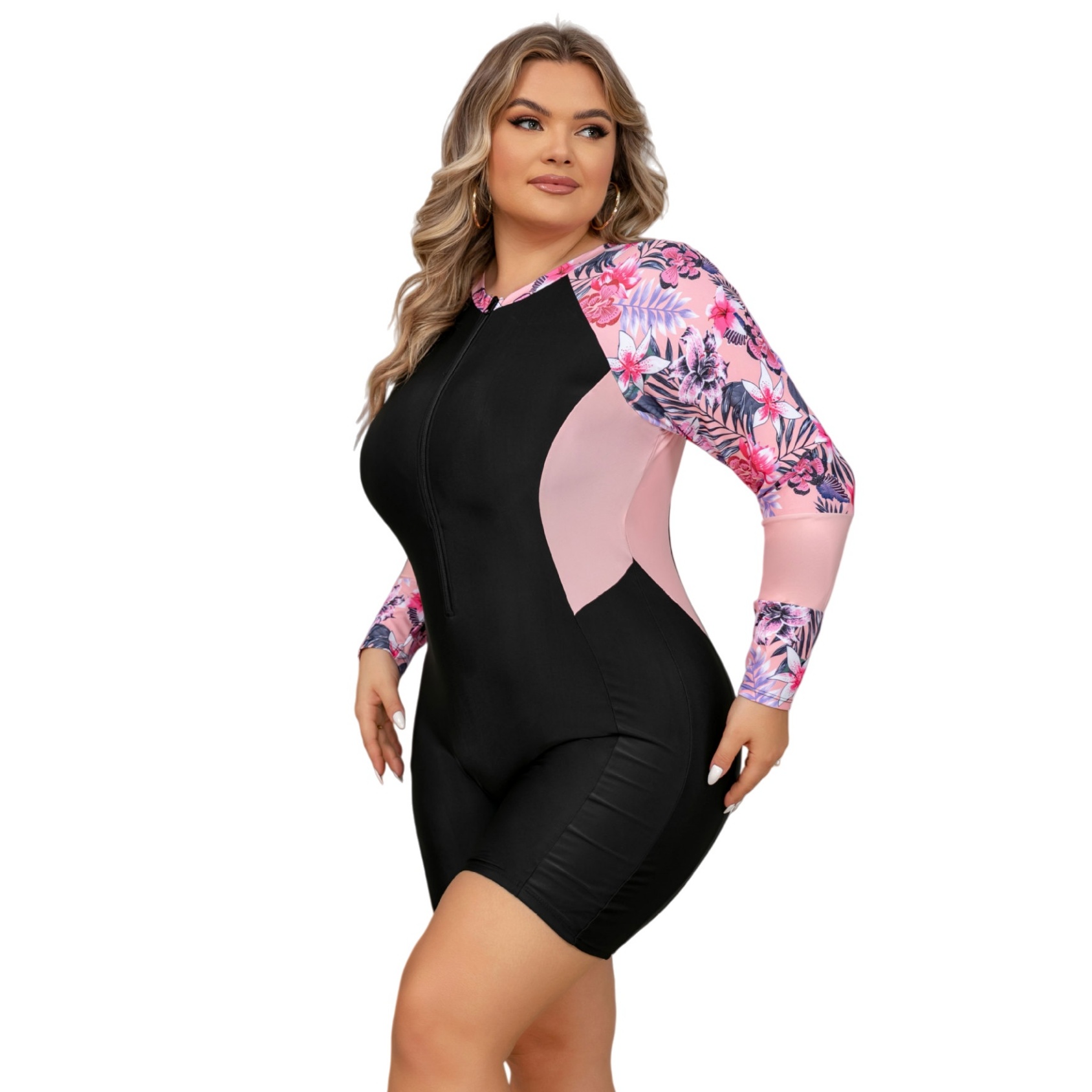 Plus Size Long Sleeve Swimsuit Women Flower Print One Piece Rash Guard Swimwear